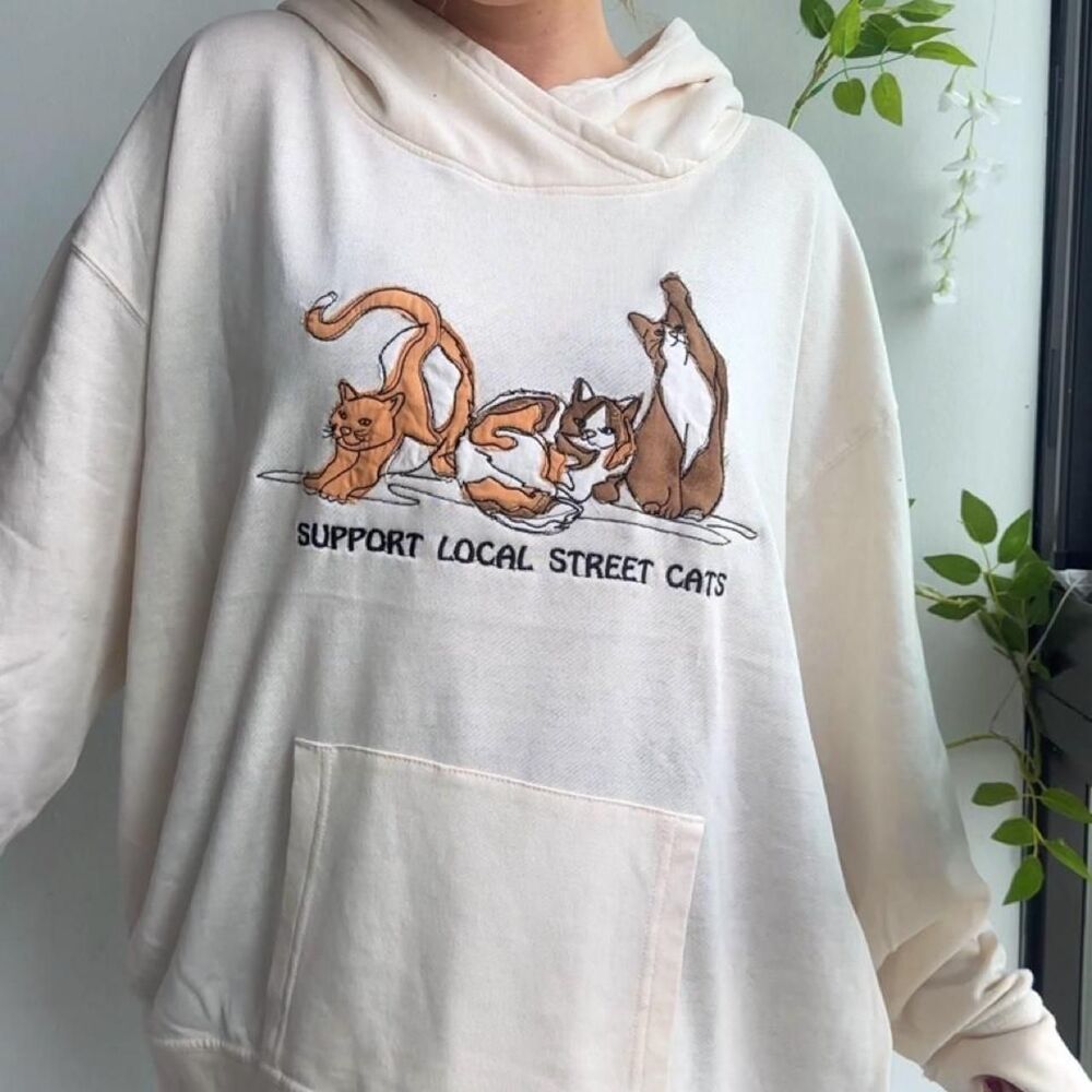 NWT patchwork Support Local Street Cats embroidered beige hoodie